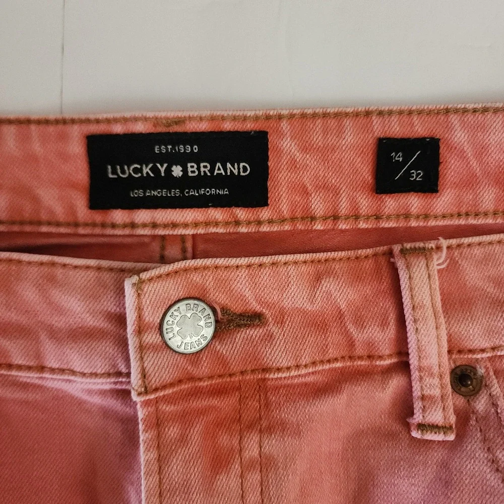 D94 Lucky Brand Bridgette‎ Mini Boot Jeans Salmon Pink Raw Hem Size 14/32 Womens